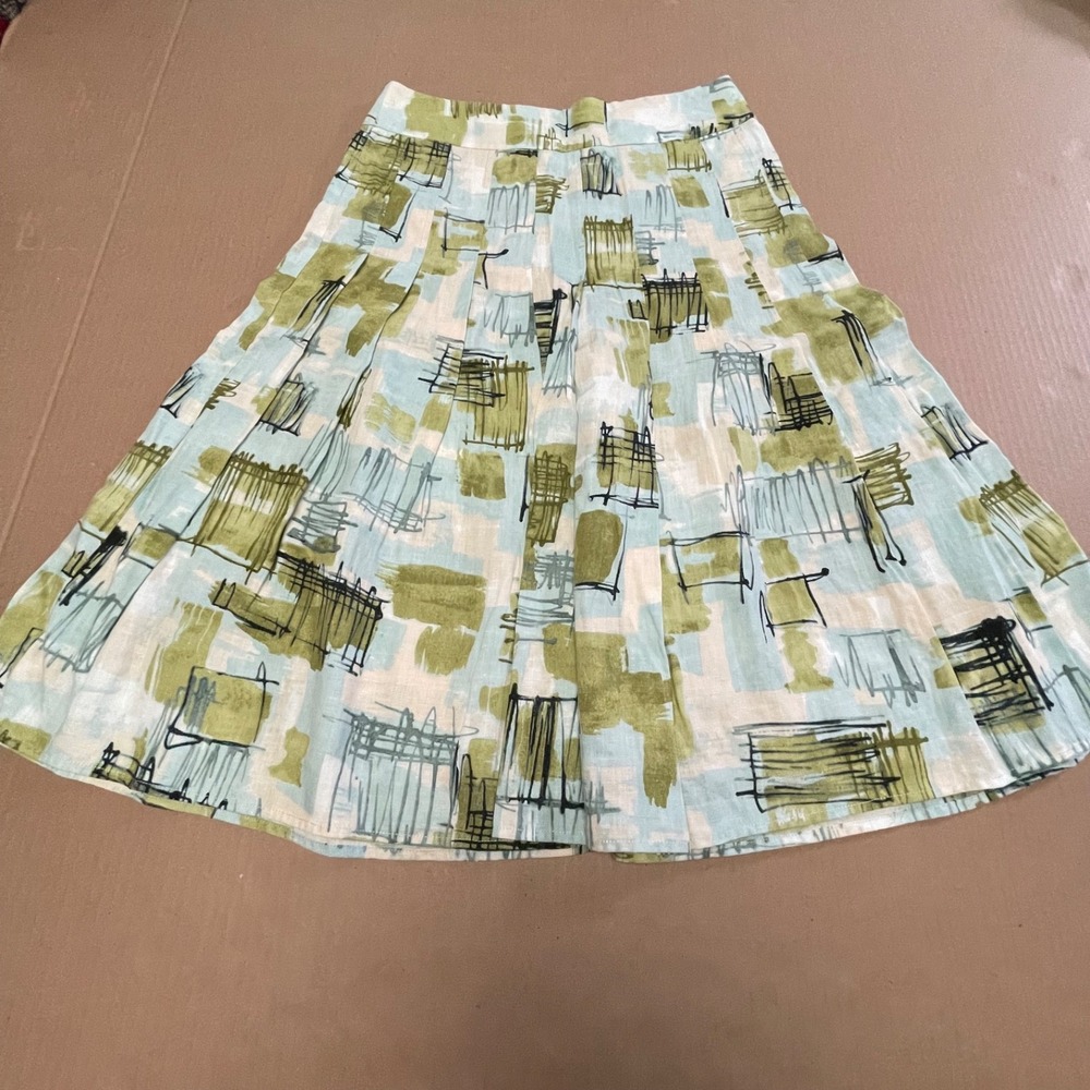 Vintage Abstract Geometric Midi Skirt High Waisted Box Pleatedโ Artsy Green Blue